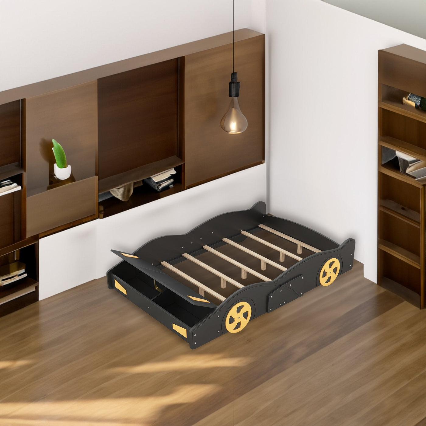 Full Size Race Car-Shaped Platform Bed With Wheels And Storage Drawers