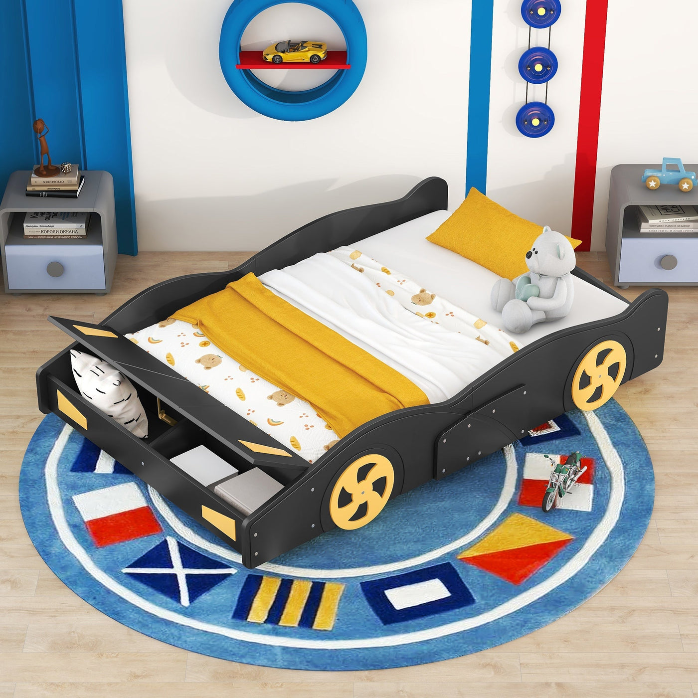 Full Size Race Car-Shaped Platform Bed With Wheels And Storage Drawers
