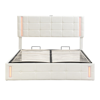 Full-Size Upholstered Bed With LED Lights Hydraulic Storage USB Charging