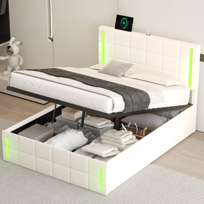 Full-Size Upholstered Bed With LED Lights Hydraulic Storage USB Charging