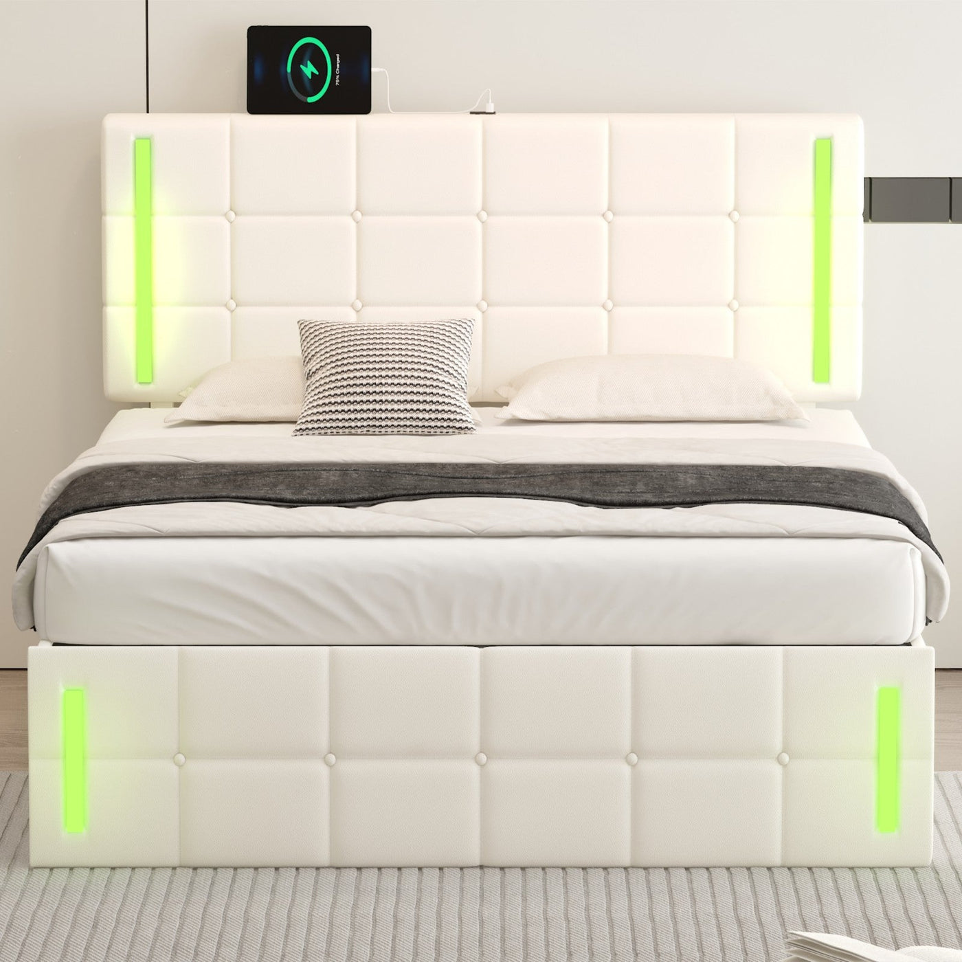 Full-Size Upholstered Bed With LED Lights Hydraulic Storage USB Charging