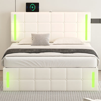 Full-Size Upholstered Bed With LED Lights Hydraulic Storage USB Charging