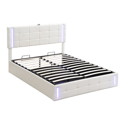 Full-Size Upholstered Bed With LED Lights Hydraulic Storage USB Charging