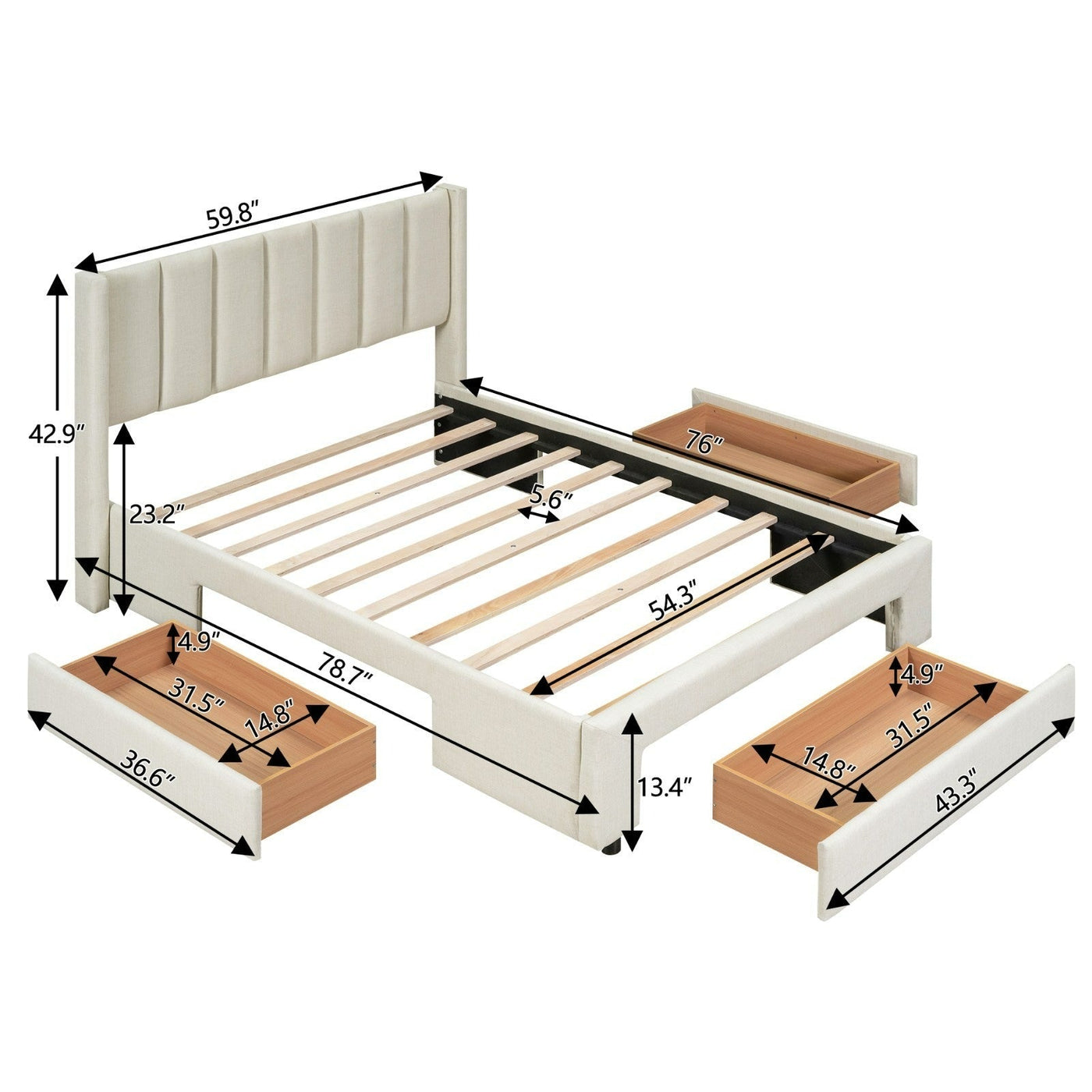 Full Size Upholstered Platform Bed With Large Storage Drawers