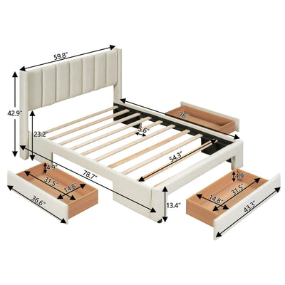 Full Size Upholstered Platform Bed With Large Storage Drawers