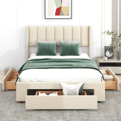 Full Size Upholstered Platform Bed With Large Storage Drawers