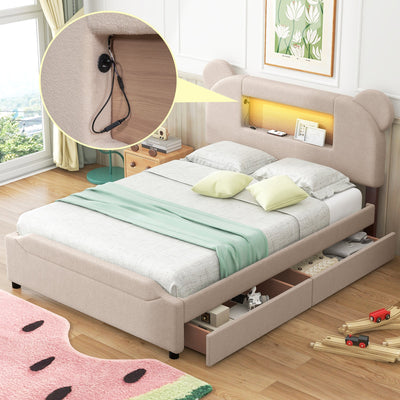 Full-Size Upholstered Storage Platform Bed With LED USB Cartoon Headboard