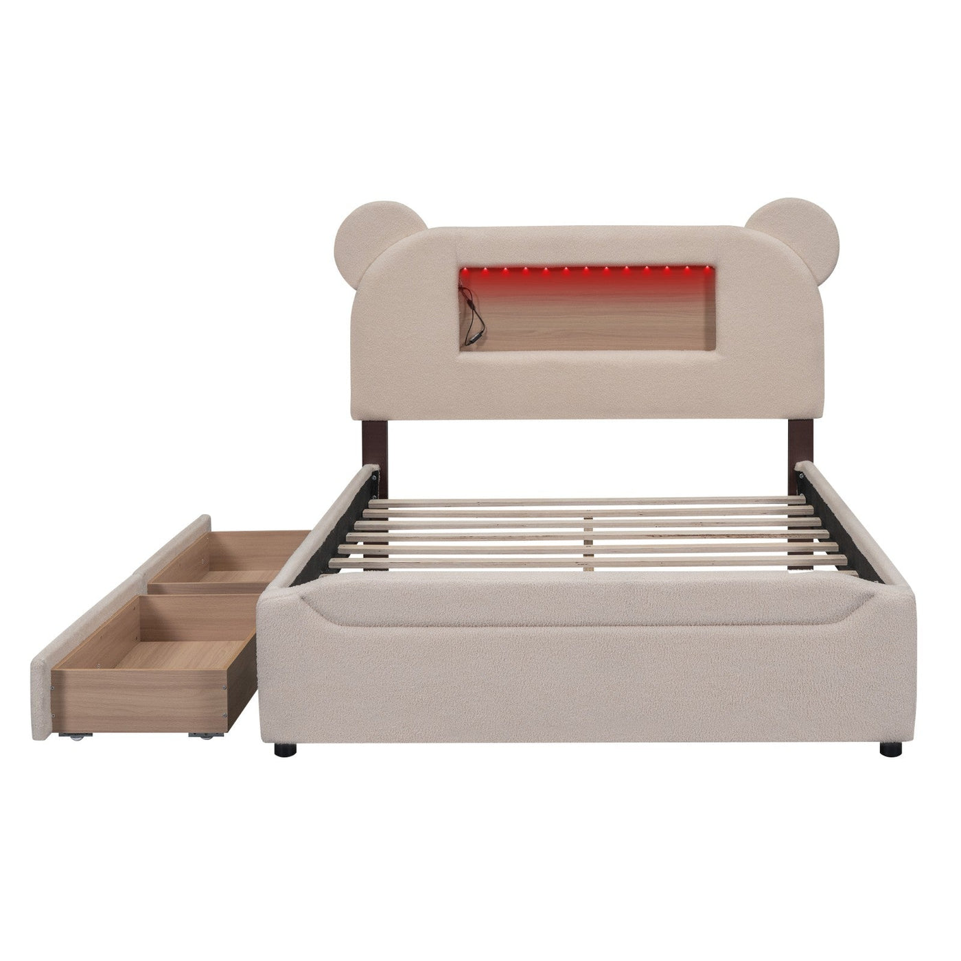 Full-Size Upholstered Storage Platform Bed With LED USB Cartoon Headboard