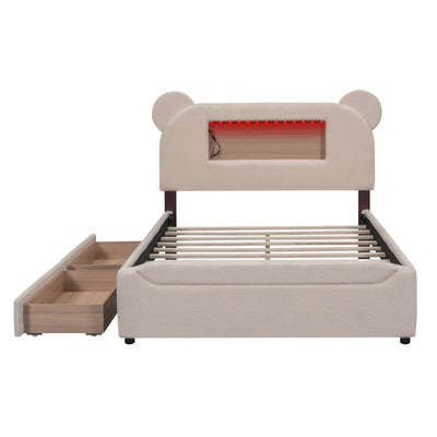 Full-Size Upholstered Storage Platform Bed With LED USB Cartoon Headboard