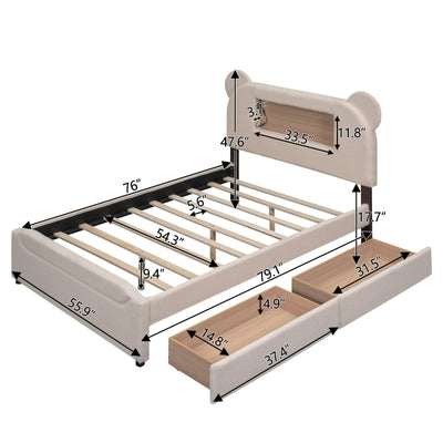 Full-Size Upholstered Storage Platform Bed With LED USB Cartoon Headboard