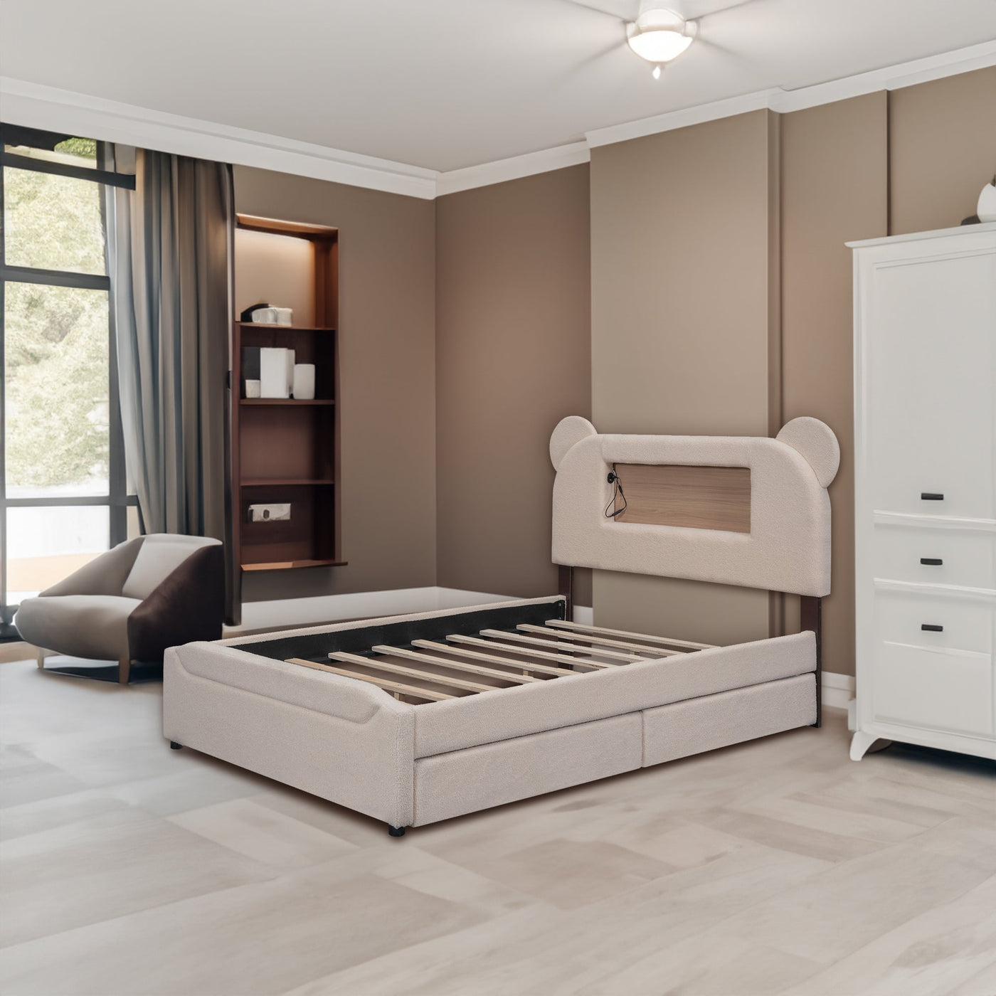 Full-Size Upholstered Storage Platform Bed With LED USB Cartoon Headboard