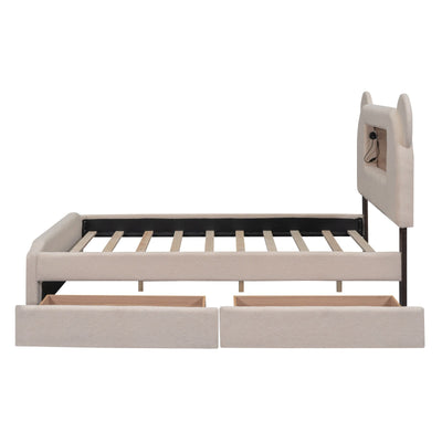 Full-Size Upholstered Storage Platform Bed With LED USB Cartoon Headboard