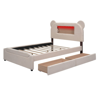 Full-Size Upholstered Storage Platform Bed With LED USB Cartoon Headboard