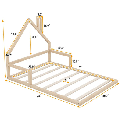 Full-Size Wood Floor Bed With Unique House-Shaped Headboard