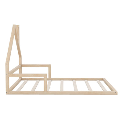 Full-Size Wood Floor Bed With Unique House-Shaped Headboard