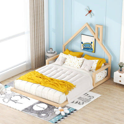 Full-Size Wood Floor Bed With Unique House-Shaped Headboard