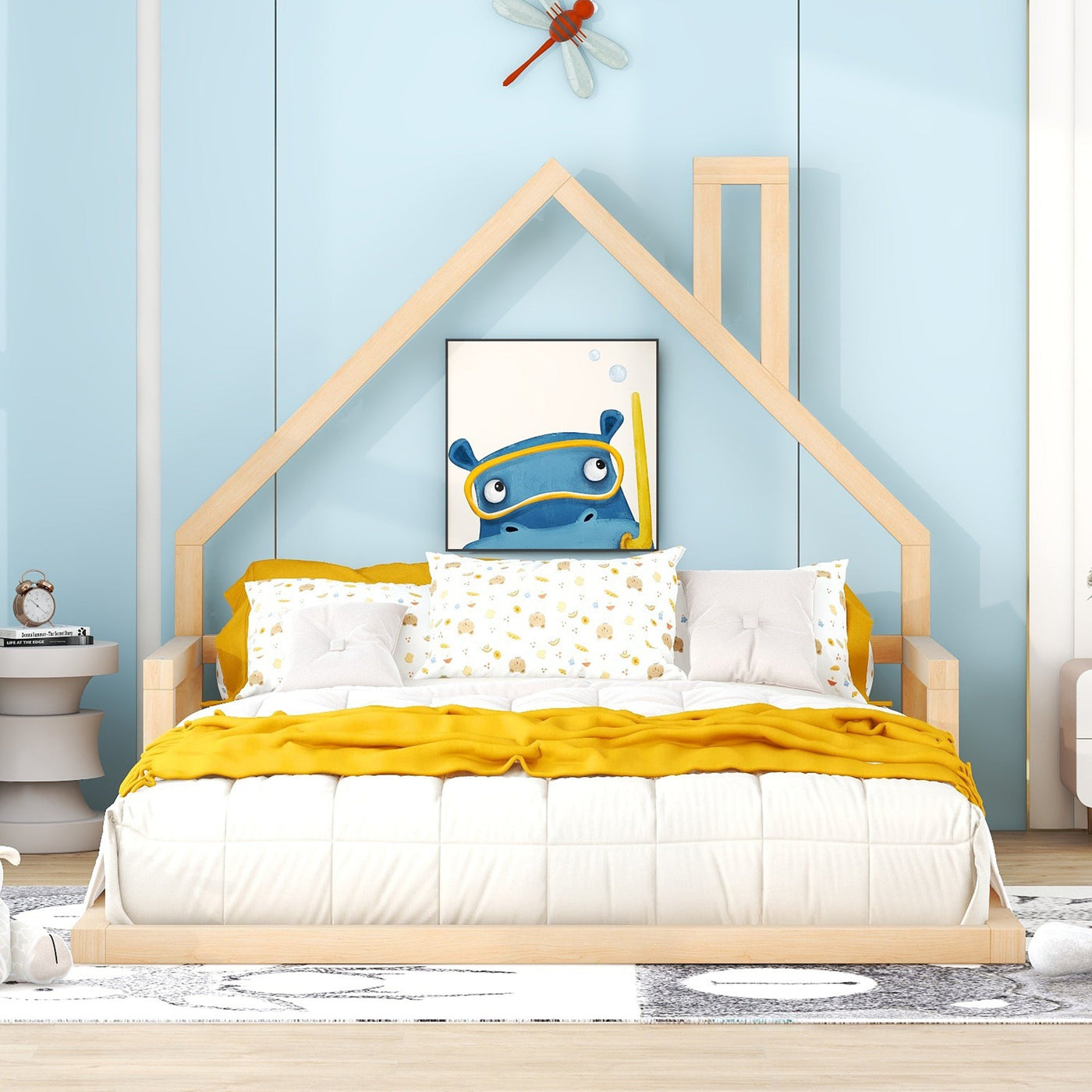 Full-Size Wood Floor Bed With Unique House-Shaped Headboard