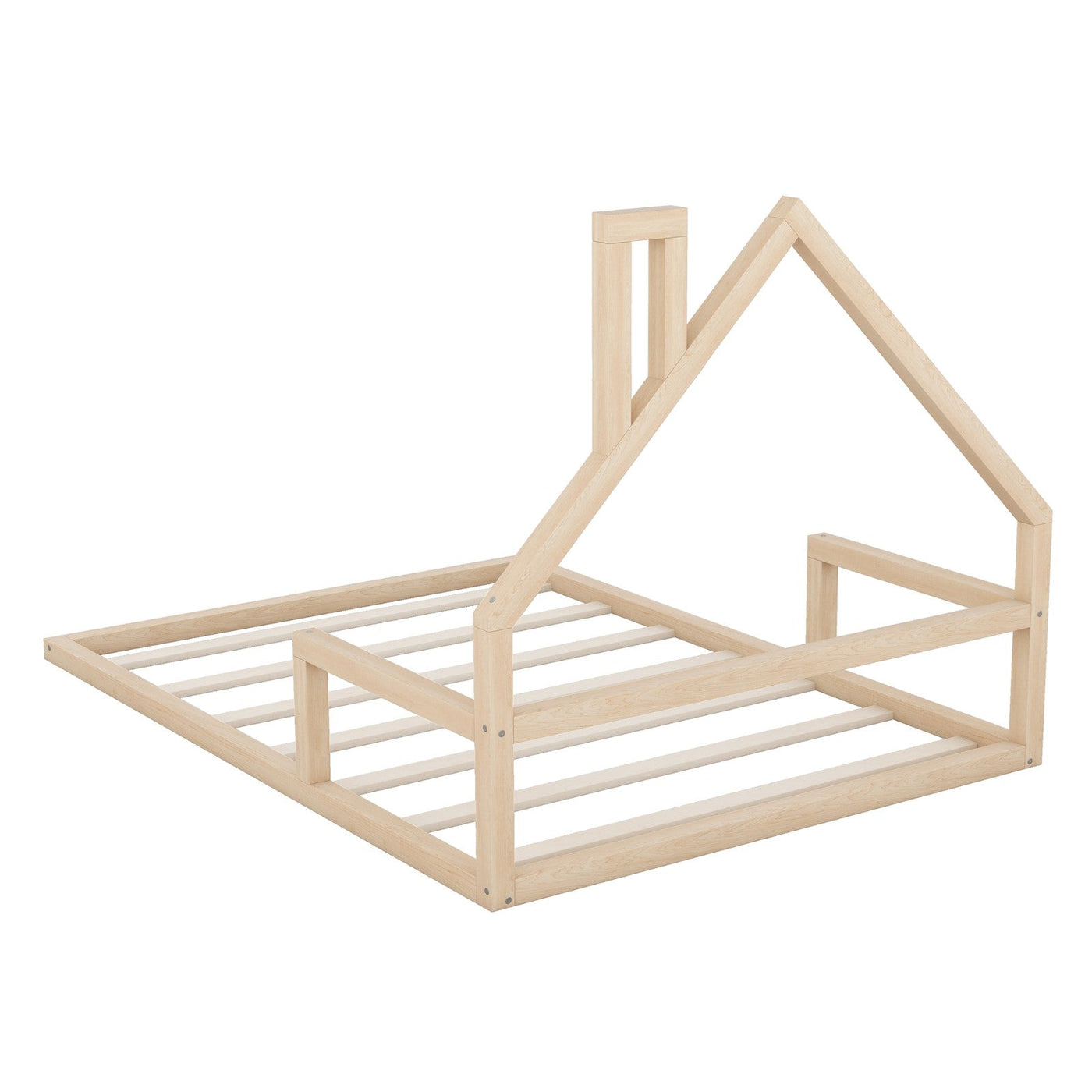 Full-Size Wood Floor Bed With Unique House-Shaped Headboard