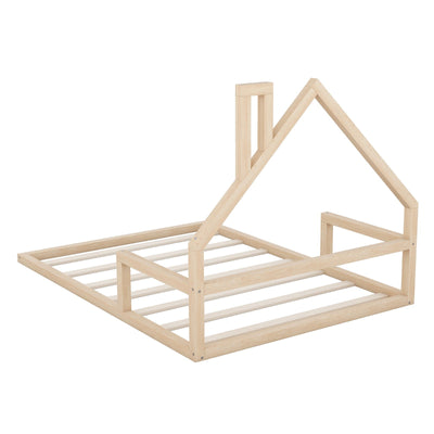 Full-Size Wood Floor Bed With Unique House-Shaped Headboard