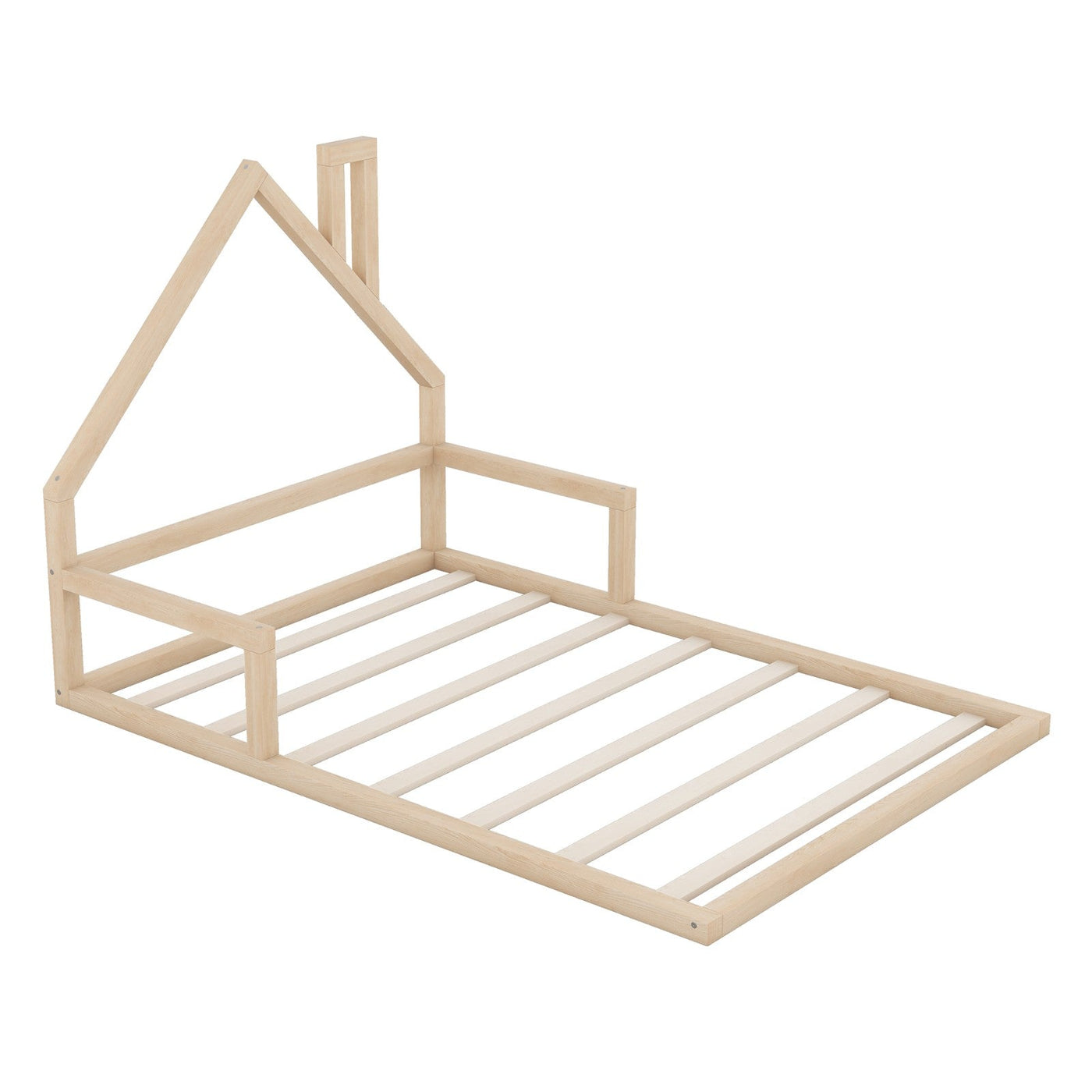 Full-Size Wood Floor Bed With Unique House-Shaped Headboard