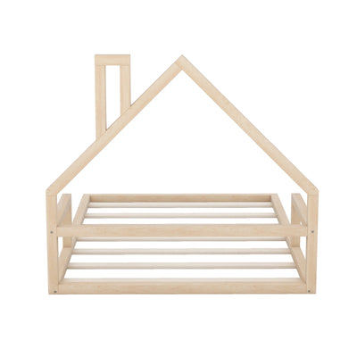 Full-Size Wood Floor Bed With Unique House-Shaped Headboard