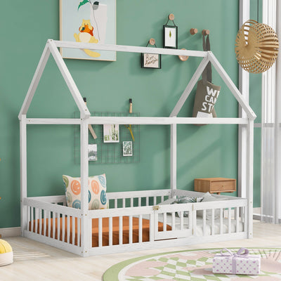 Full Size Wood House Bed With Decorative Fence And Door Panel