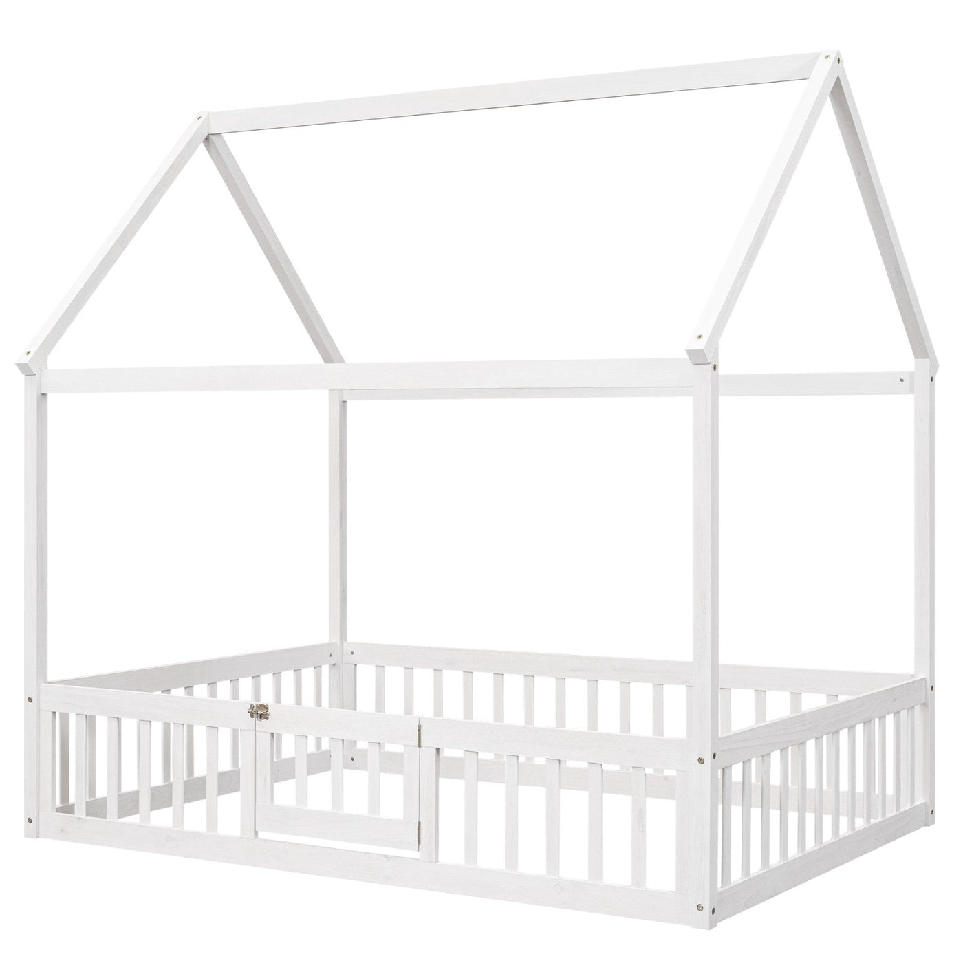 Full Size Wood House Bed With Decorative Fence And Door Panel