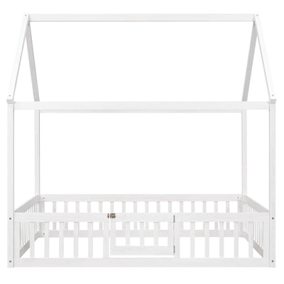Full Size Wood House Bed With Decorative Fence And Door Panel