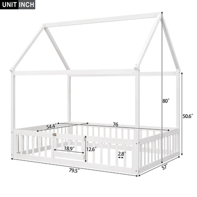 Full Size Wood House Bed With Decorative Fence And Door Panel