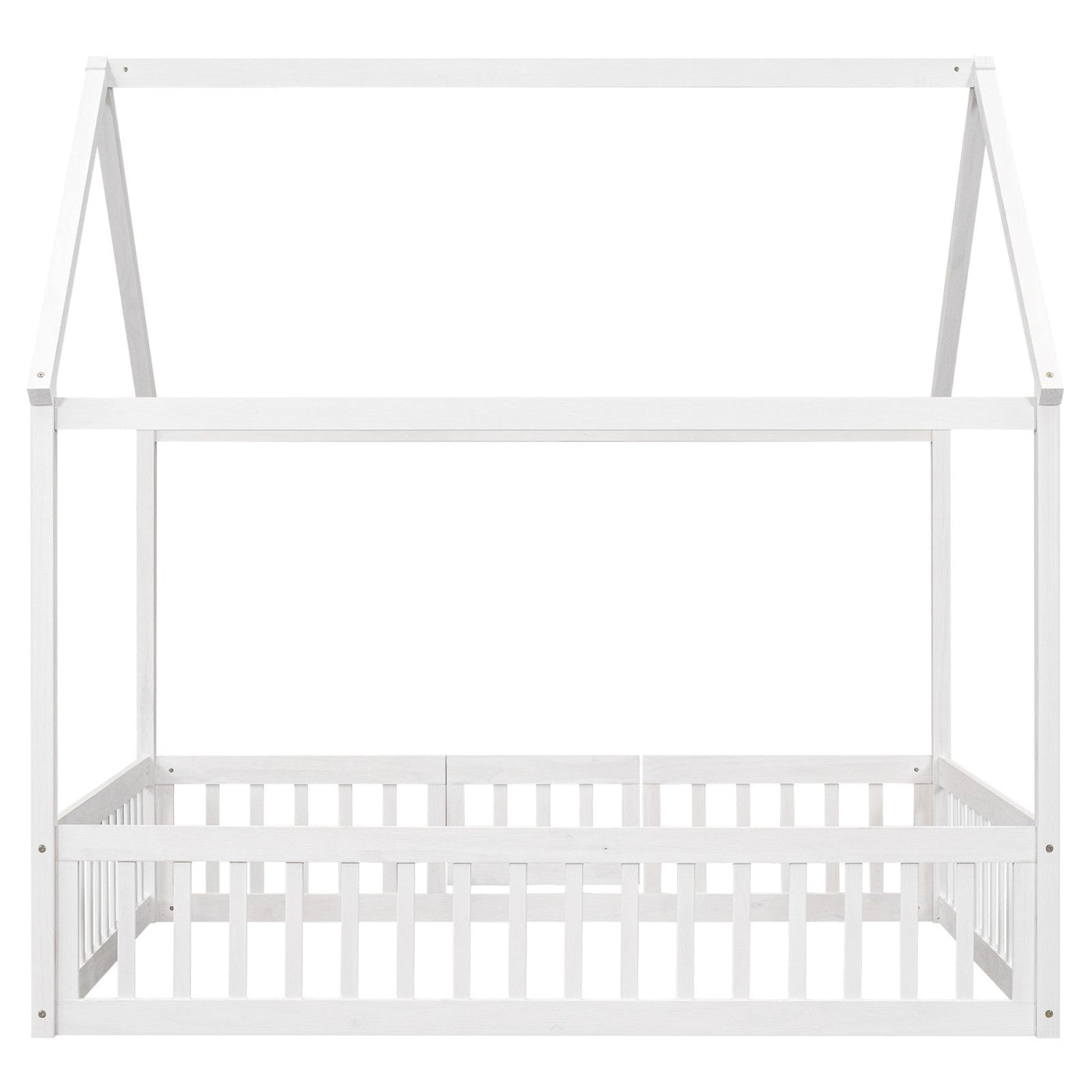 Full Size Wood House Bed With Decorative Fence And Door Panel