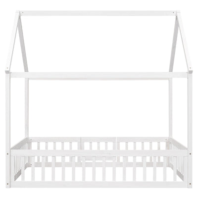 Full Size Wood House Bed With Decorative Fence And Door Panel