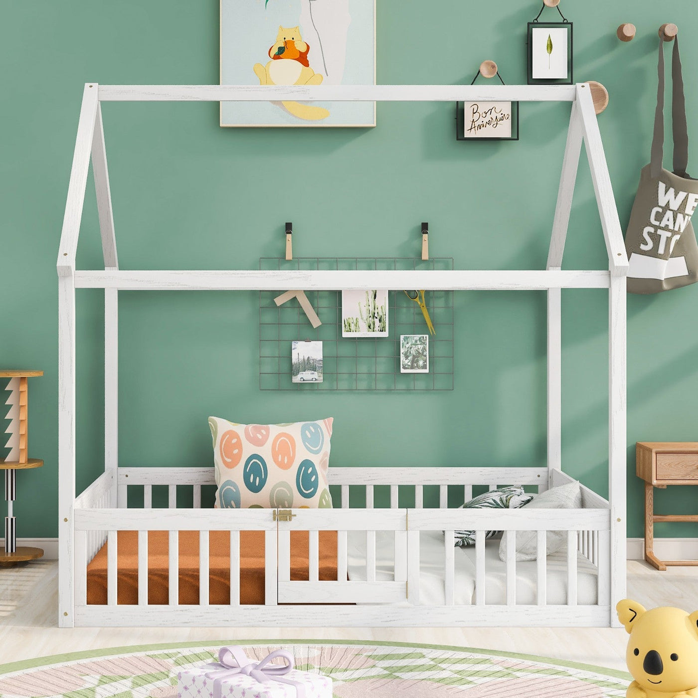 Full Size Wood House Bed With Decorative Fence And Door Panel