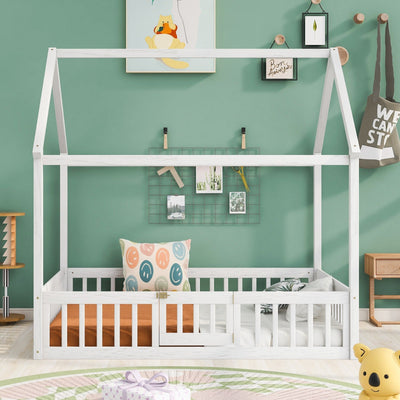 Full Size Wood House Bed With Decorative Fence And Door Panel