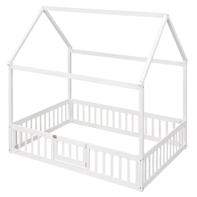 Full Size Wood House Bed With Decorative Fence And Door Panel