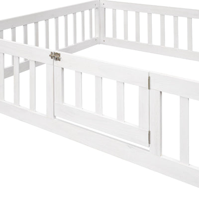 Full Size Wood House Bed With Decorative Fence And Door Panel