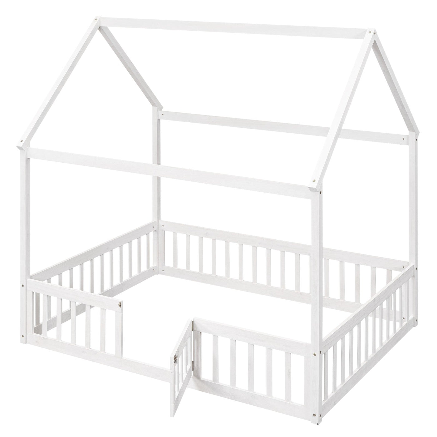 Full Size Wood House Bed With Decorative Fence And Door Panel