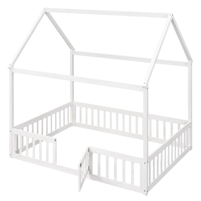 Full Size Wood House Bed With Decorative Fence And Door Panel