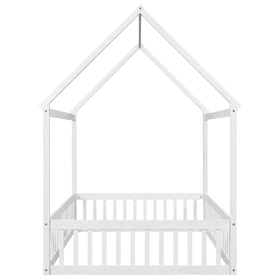 Full Size Wood House Bed With Decorative Fence And Door Panel
