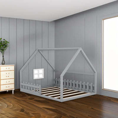 Full-Size Wood House Bed With Window And Fence Design