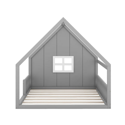 Full-Size Wood House Bed With Window And Fence Design