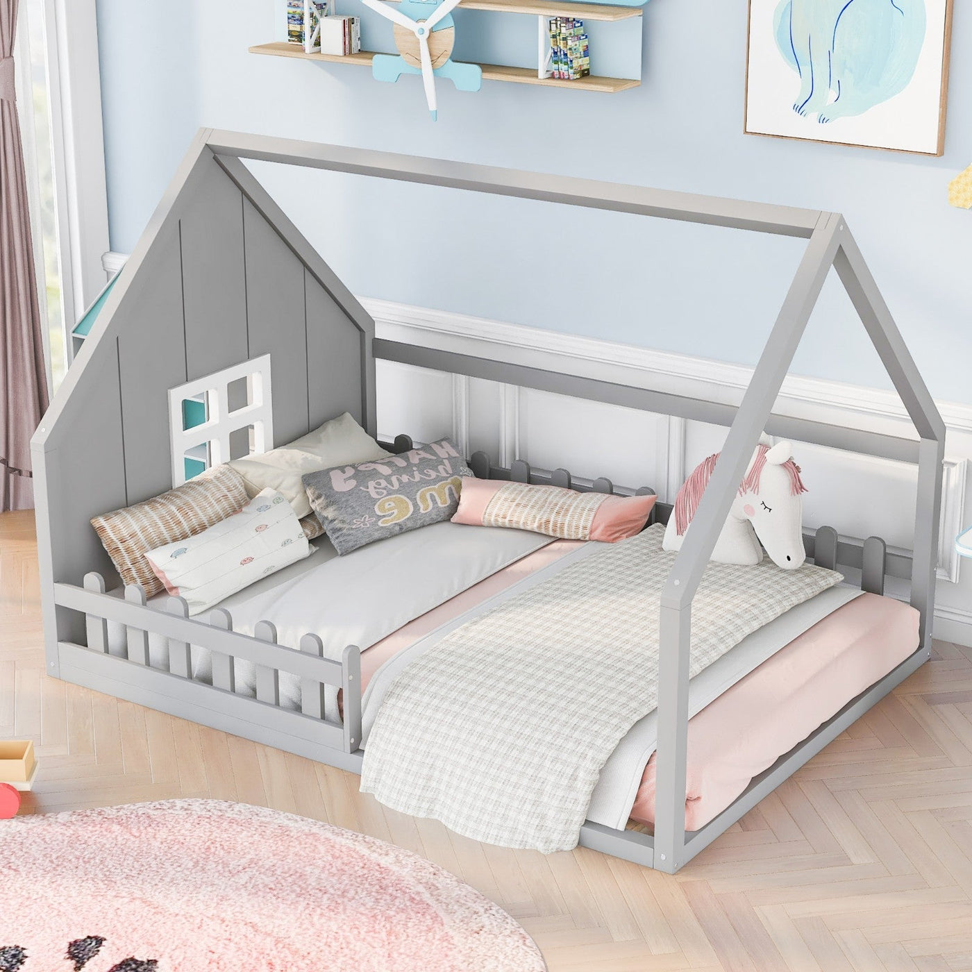 Full-Size Wood House Bed With Window And Fence Design