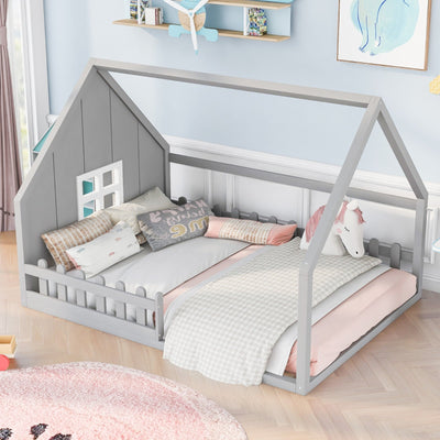 Full-Size Wood House Bed With Window And Fence Design