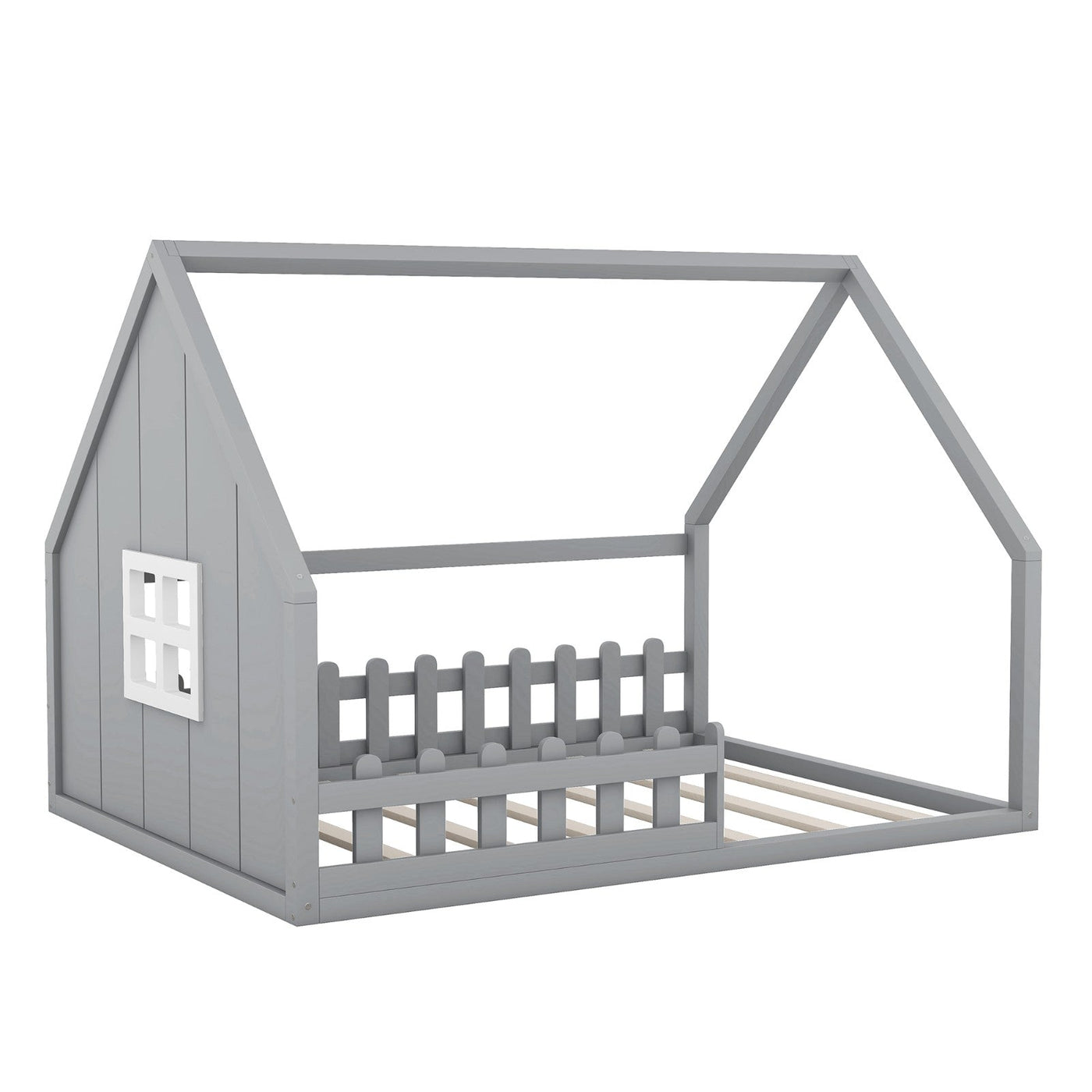 Full-Size Wood House Bed With Window And Fence Design