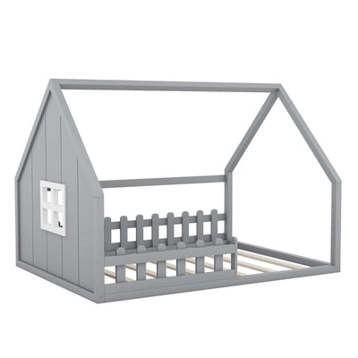 Full-Size Wood House Bed With Window And Fence Design