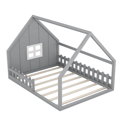 Full-Size Wood House Bed With Window And Fence Design