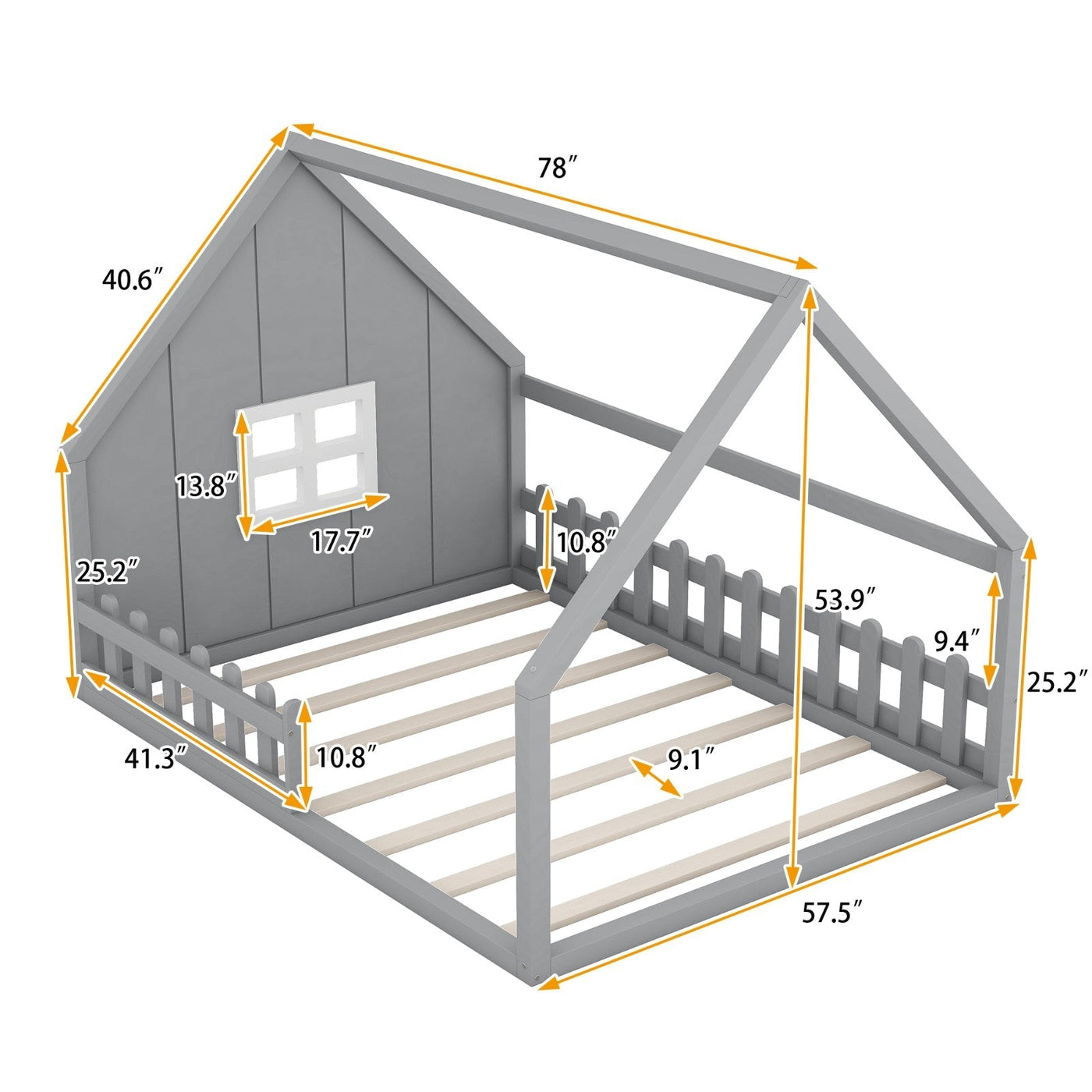 Full-Size Wood House Bed With Window And Fence Design
