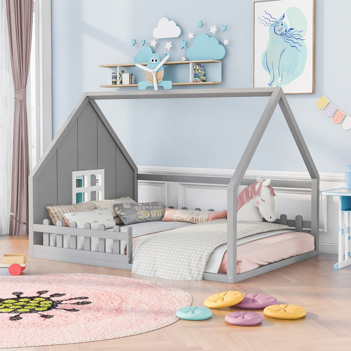 Full-Size Wood House Bed With Window And Fence Design