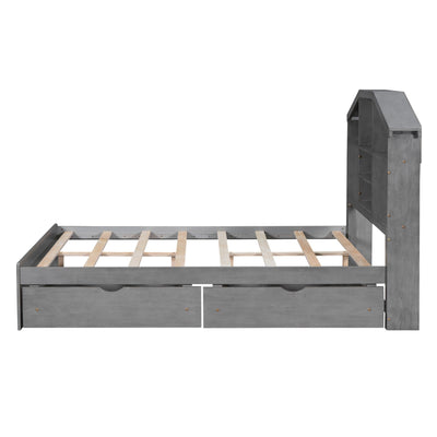 Full Size Wood Platform Bed With Storage Headboard And Drawers