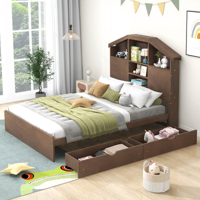 Full Size Wood Platform Bed With Storage Headboard And Drawers