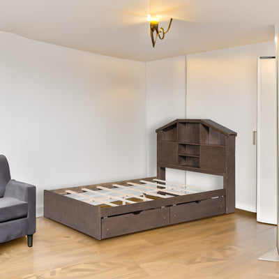 Full Size Wood Platform Bed With Storage Headboard And Drawers